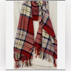 AERIE BLANKET WRAP SCARF LARGE PLAID RED BLUE WHITE FRINGE